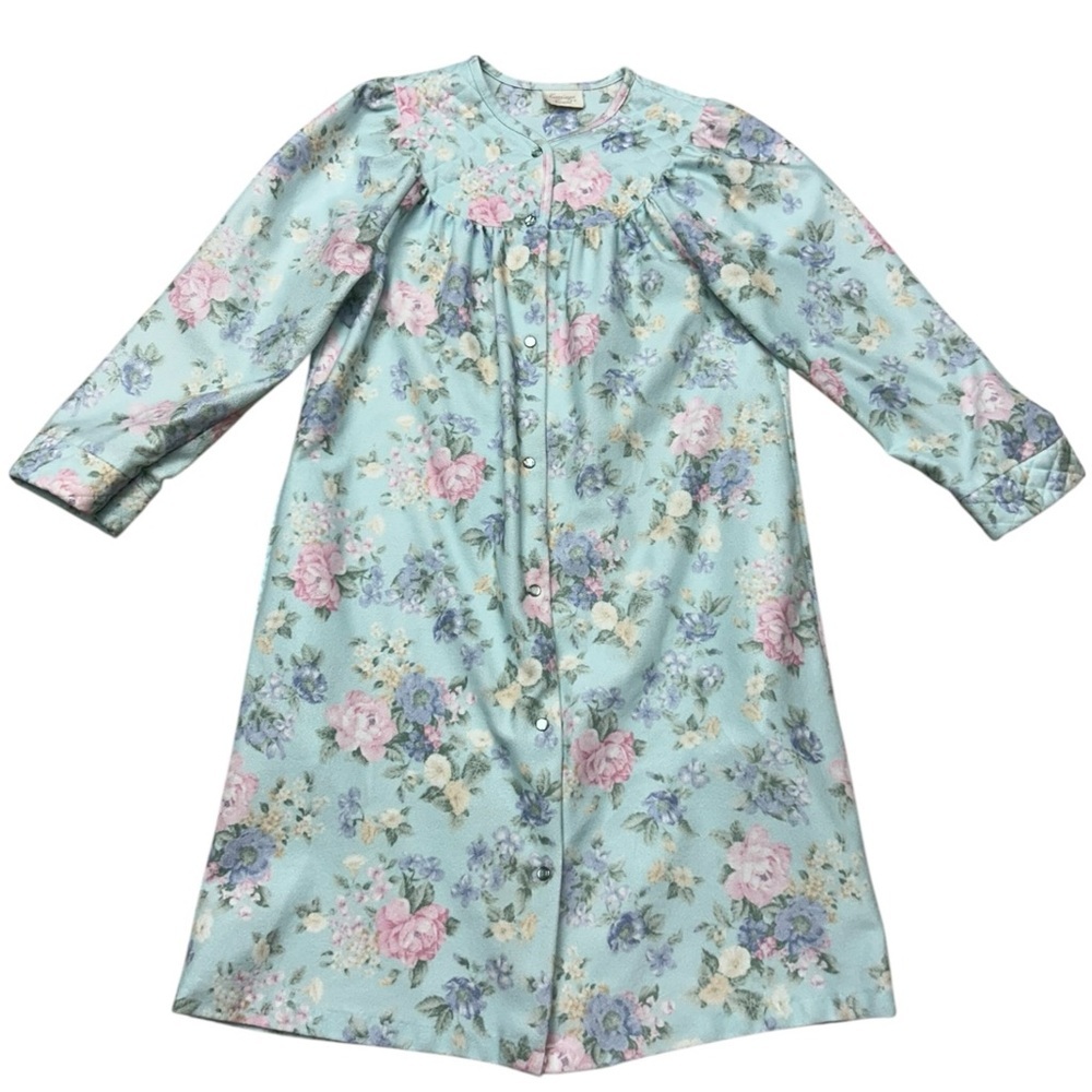 Carriage Court Blue Floral Button Front Nightgown Petite Cozy Flannel House Robe - Picture 11 of 11